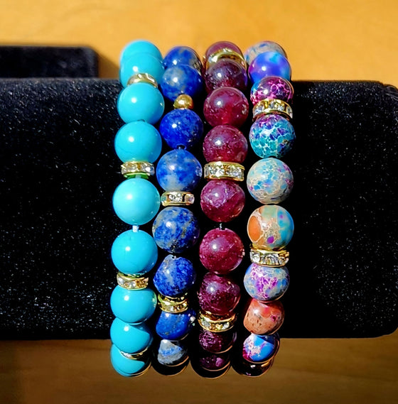 Boho Stone Bead Bracelet - Handmade Stretch Jewelry with Jeweled Spacers