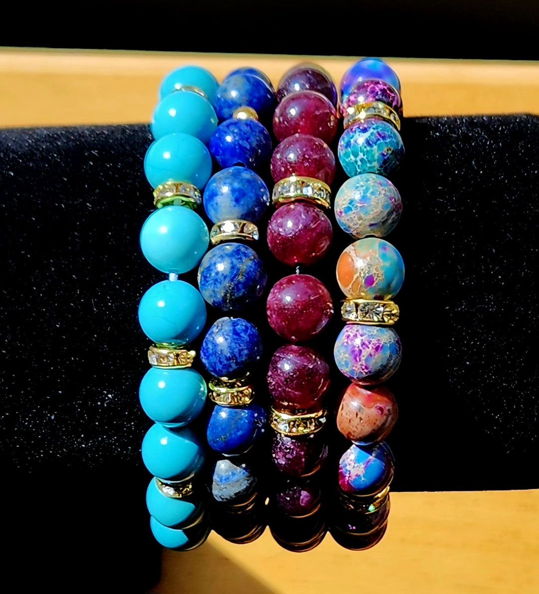 Boho Stone Bead Bracelet - Handmade Stretch Jewelry with Jeweled Spacers