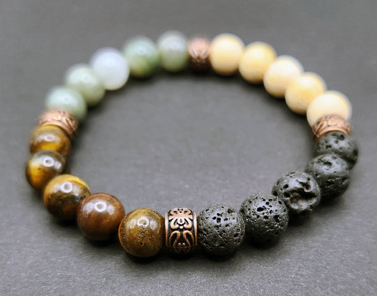 Handmade Beaded Stretch Bracelet - Volcanic, Jade, Tiger's Eye, Wood