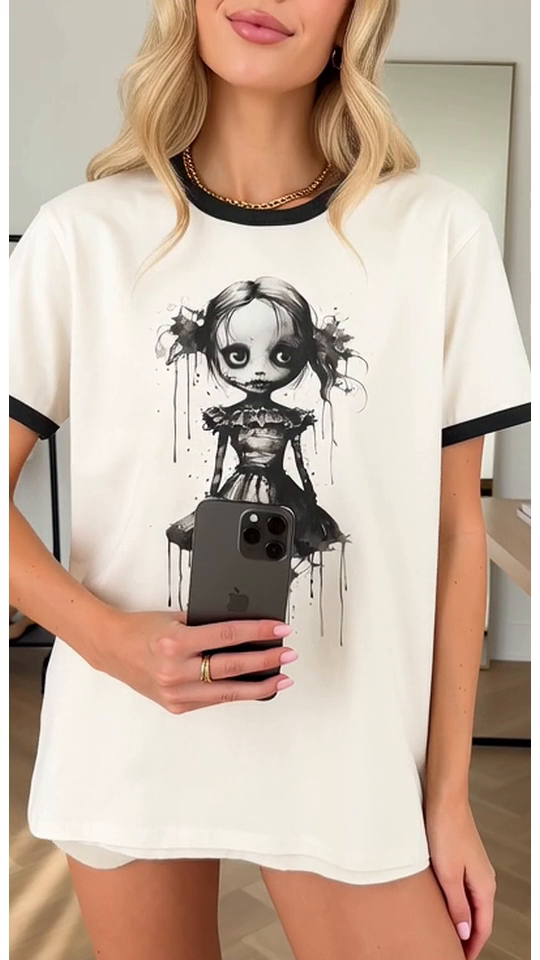 Creepy Watercolor Doll Fall Ringer Tee | Halloween Horror Graphic T-Shirt by@Outfy