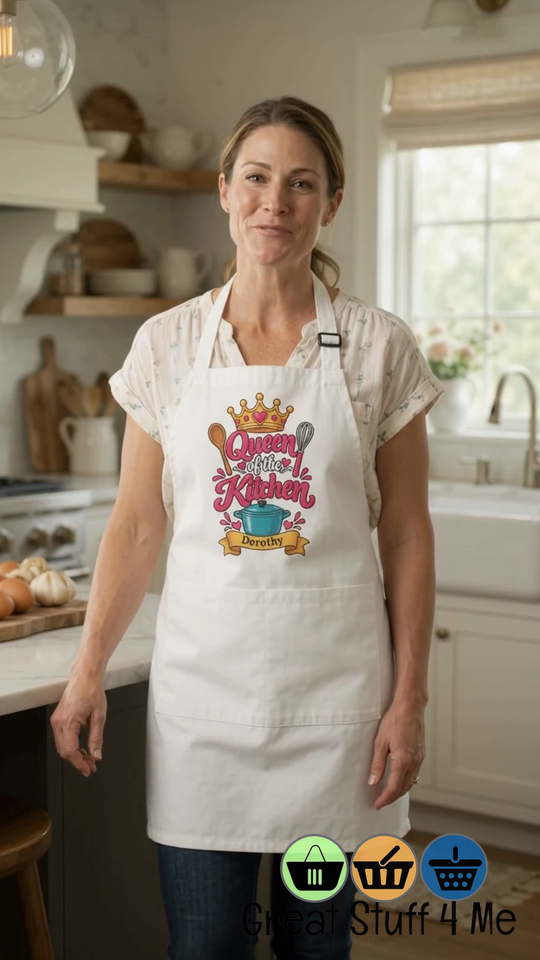Personalized Queen of the Kitchen Apron with Crown and Utensils | Custom Name Apron | Christmas Gift for Her by@Outfy