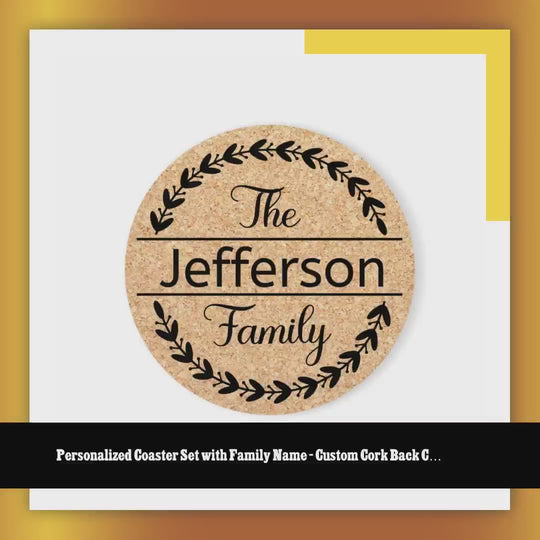 Personalized Coaster Set with Family Name - Custom Cork Back Coaster by@Outfy