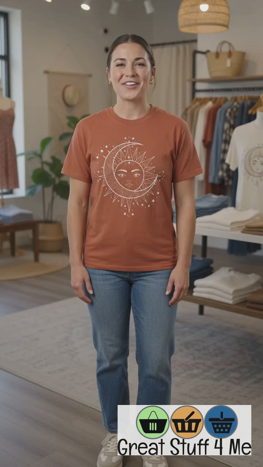 Celestial Boho Moon &amp; Sun Line T-Shirt | Mystical Spiritual Graphic Tee