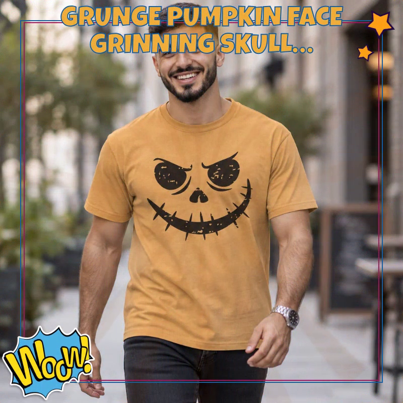 Grunge Pumpkin Face Grinning Skull Face T-Shirt | Mineral Wash Halloween Tee by@Outfy