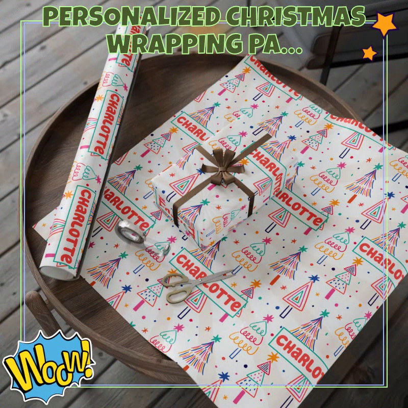 Personalized Christmas Wrapping Paper - Colorful Christmas Tree Pattern Wrapping Papers with Name by@Outfy