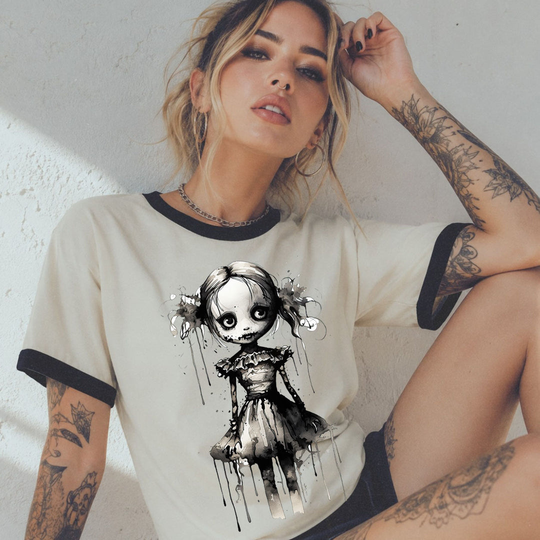 Creepy Watercolor Doll Fall Ringer Tee | Halloween Horror Graphic T-Shirt