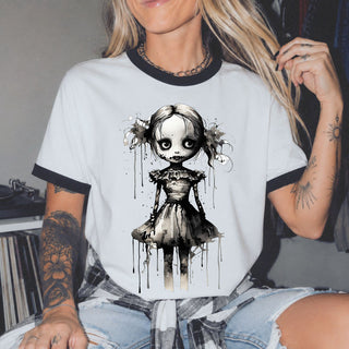 Creepy Watercolor Doll Fall Ringer Tee | Halloween Horror Graphic T-Shirt