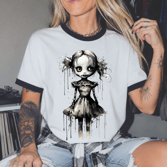 Creepy Watercolor Doll Fall Ringer Tee | Halloween Horror Graphic T-Shirt