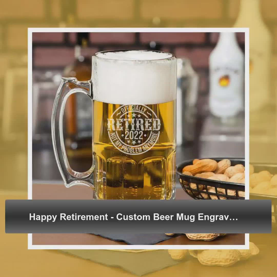 Happy Retirement - Custom Beer Mug Engraved 1-Liter 33.8oz by@Vidoo