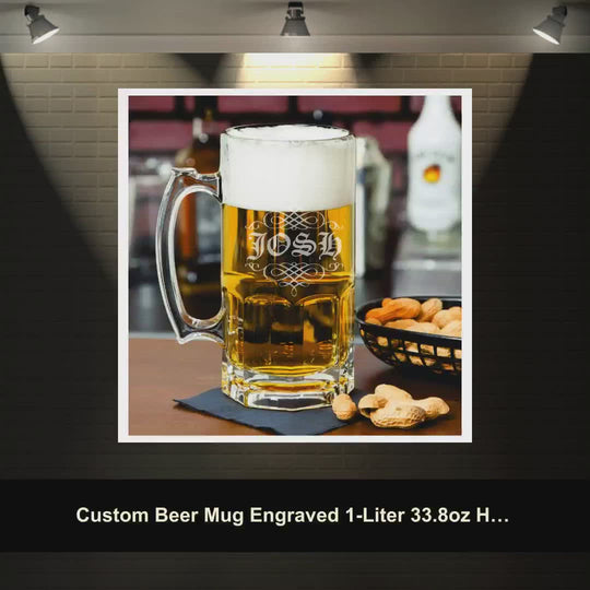Custom Beer Mug Engraved 1-Liter 33.8oz Huge Glass Libbey Beer Mug by@Vidoo