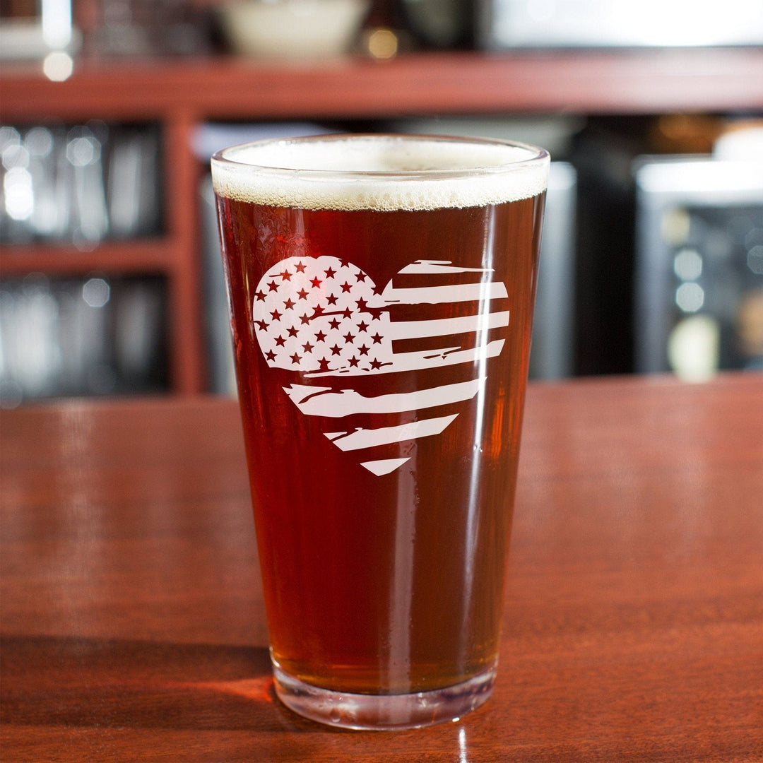 American Flag Beer Pint 16 oz Glass Heart