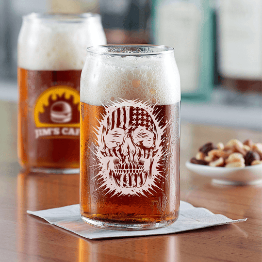 American Flag Skull Design Engraved on Glassware Beer Can Glass