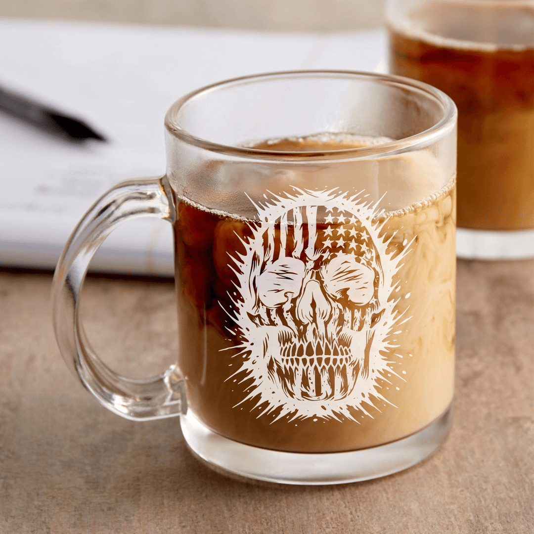 American Flag Skull Design Engraved on Glassware Coffee Mug - 12 oz