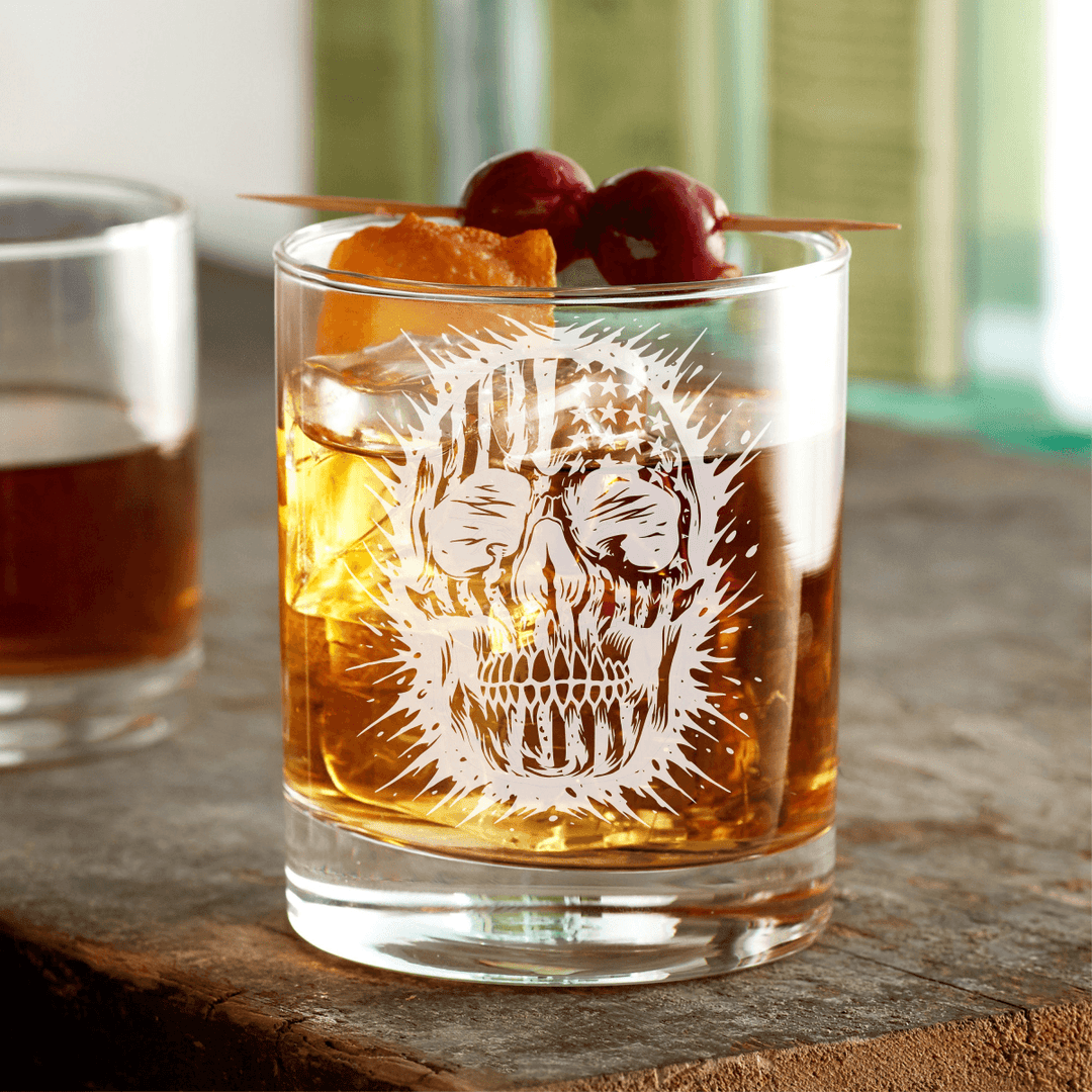 American Flag Skull Design Engraved on Glassware Rocks Glass - 12 oz