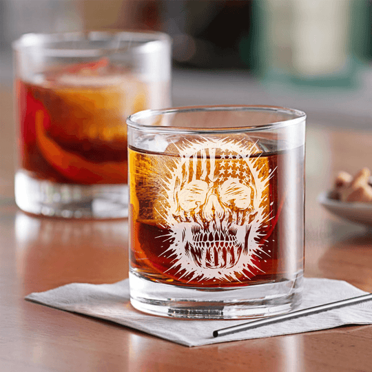 American Flag Skull Design Engraved on Glassware Rocks Glass - 8 oz