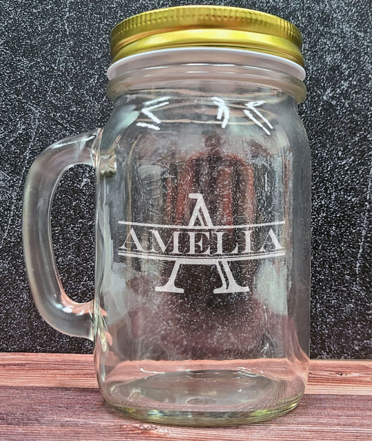 Custom Mason Jar with Lid - Personalized Engraved 16 oz Round Mason Jar Drinking Glass. Gifts for him, groomsmen gifts.