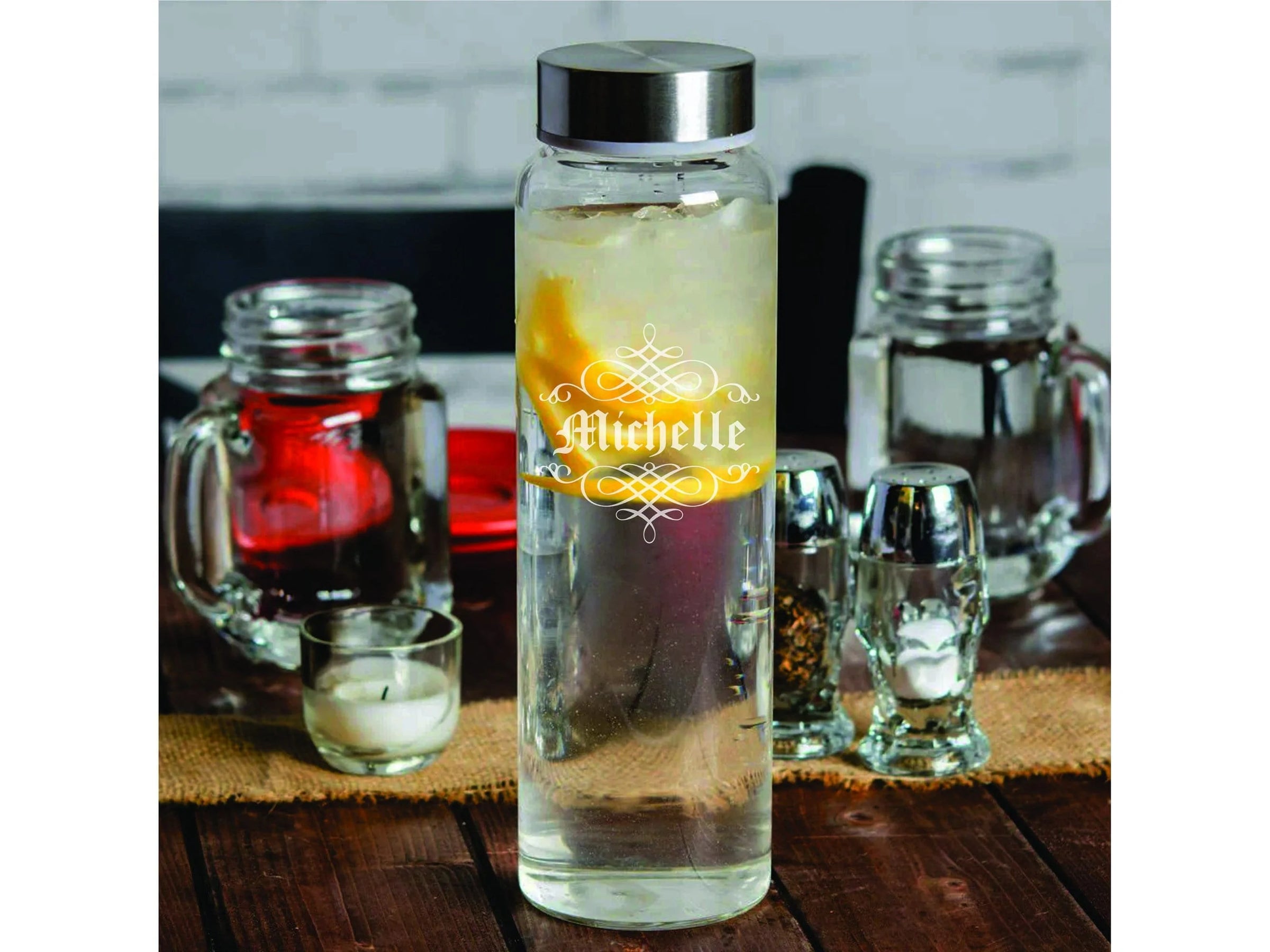 Engraved Glass Water Bottle - 33 oz. Glass Water Bottle with Metal Lid. Unique gifts for her custom engraved with name.