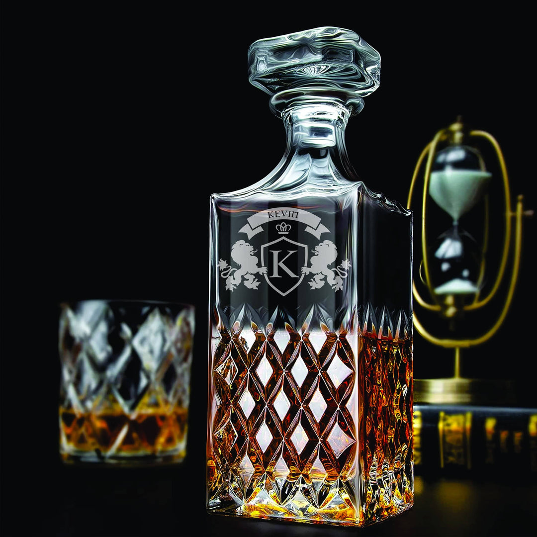 Engraved Whiskey Decanter Personalized - Diamond Pattern Lions