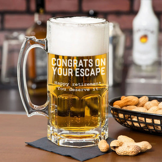 Happy Retirement - Custom Beer Mug Engraved 1-Liter 33.8oz Escape