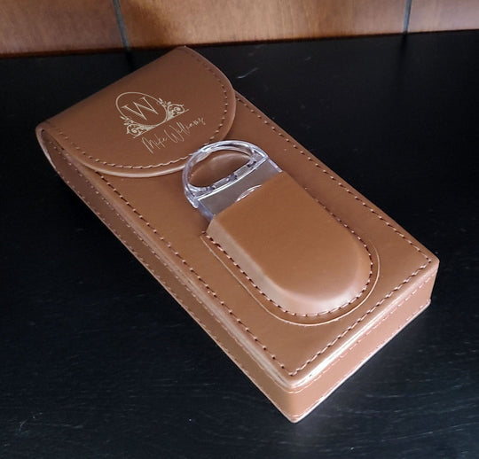 Leather Cigar Travel Case - Personalized flip top cigar holder and cutter with laser engraved monogram. Gifts for him.