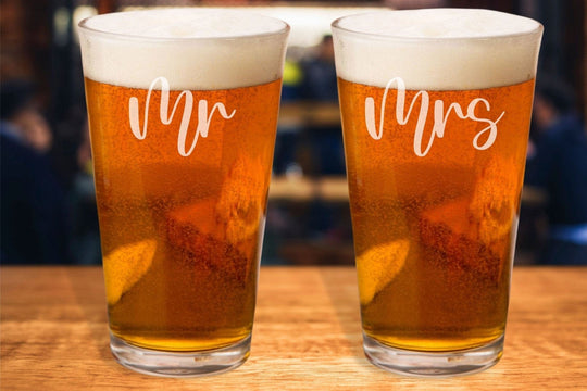 Mr. and Mrs. Beer Glasses - Engraved Beer Pint Glasses Honeyday