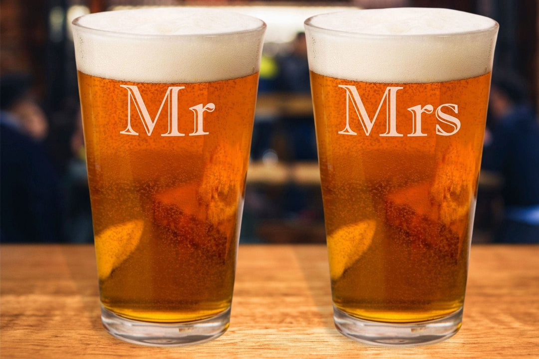 Mr. and Mrs. Beer Glasses - Engraved Beer Pint Glasses Imprint Shadow
