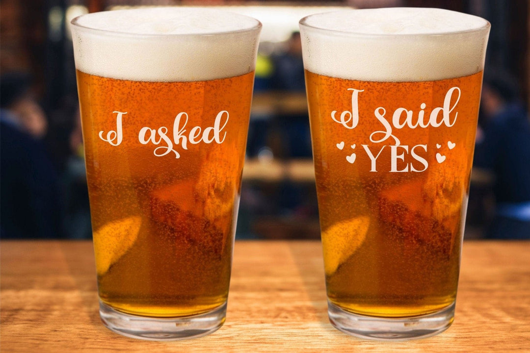 Mr and Mrs Wedding Glasses - Engraved Beer Pints Asked and Yes