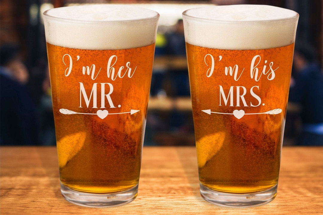 Mr and Mrs Wedding Glasses - Engraved Beer Pints Her Mr His Mrs