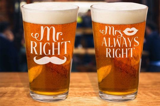 Mr and Mrs Wedding Glasses - Engraved Beer Pints Mr Mrs Right