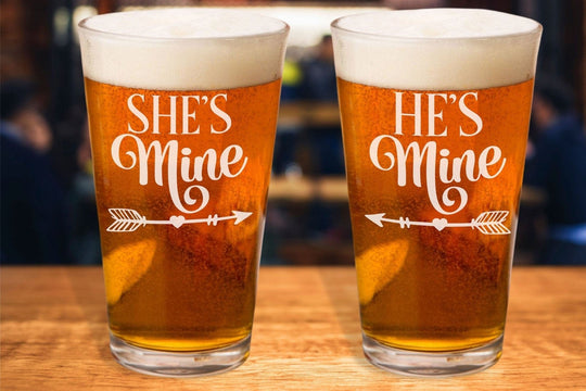 Mr and Mrs Wedding Glasses - Engraved Beer Pints She's Mine He's Mine