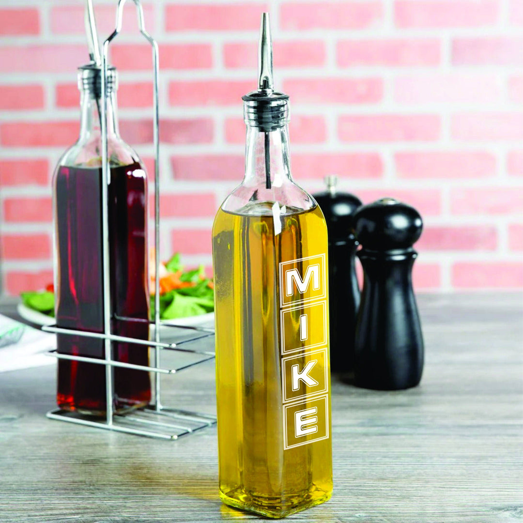 Oil and Vinegar Cruet with Pourer. Custom Personalized Engraved 16oz Cruet. Unique Custom Gifts for Kitchen.