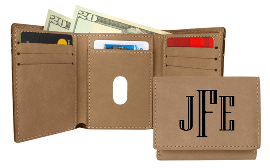 Personalized Trifold Leather Custom Wallet - Classic Monogram Light Brown