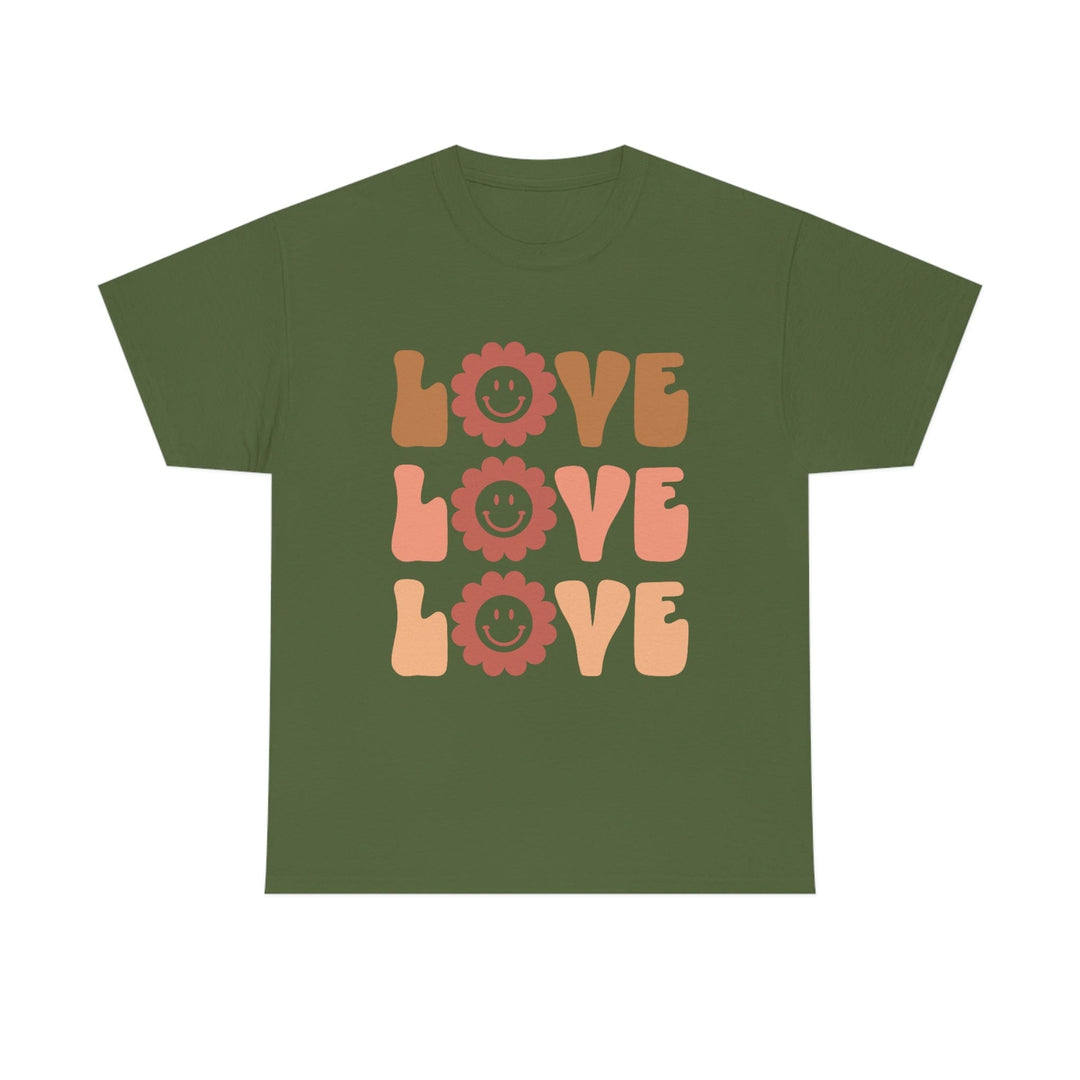 Retro Love T-Shirt Smiley Face Daisy Design Military Green / S