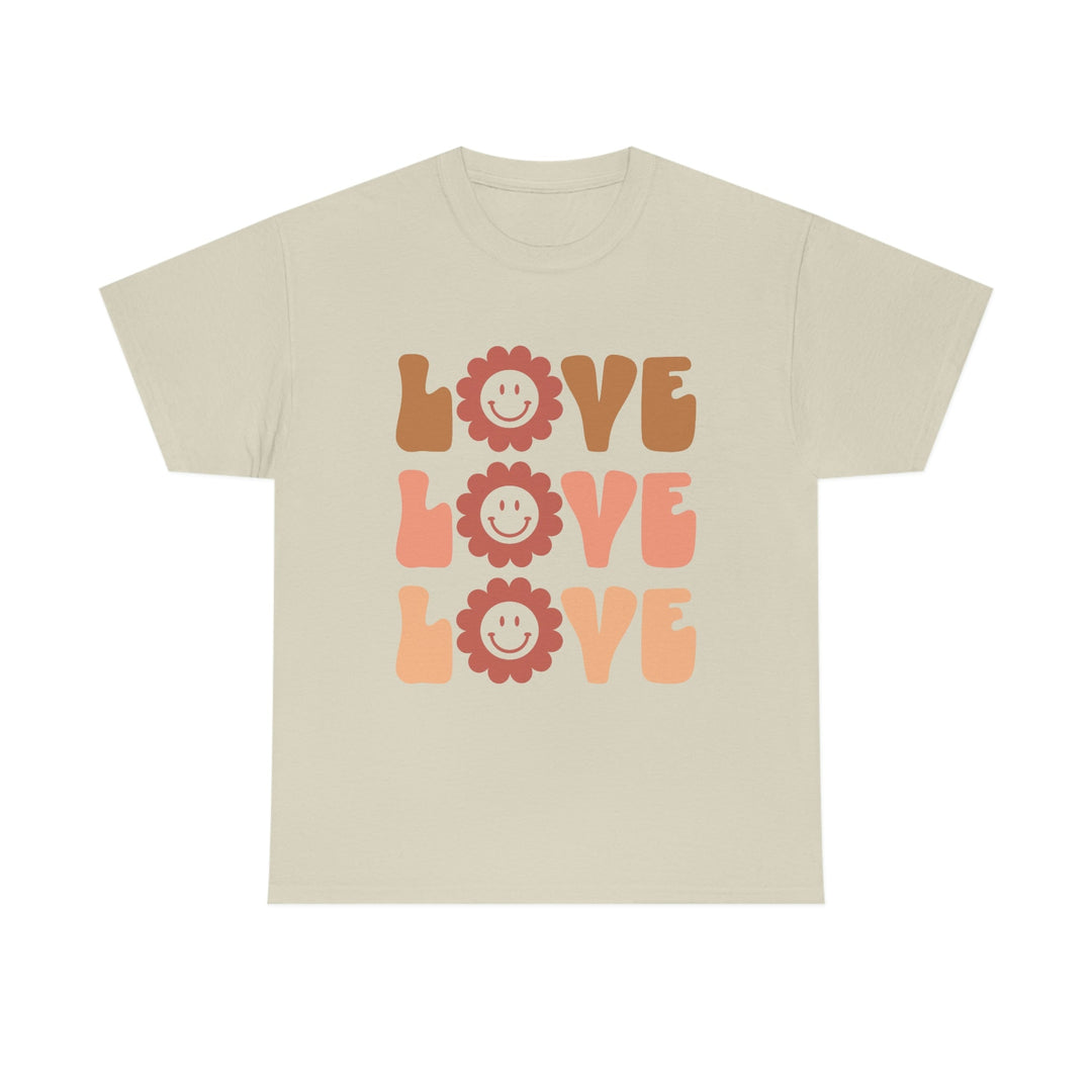 Retro Love T-Shirt - Unisex Heavy Cotton Tee Shirt with Smiley Face Love Daisy Design in Many Colors and Sizes Sand / S