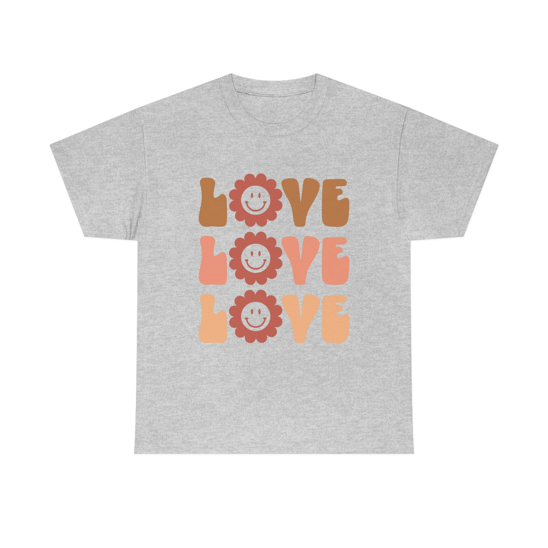 Retro Love T-Shirt - Unisex Heavy Cotton Tee Shirt with Smiley Face Love Daisy Design in Many Colors and Sizes Sport Grey / S