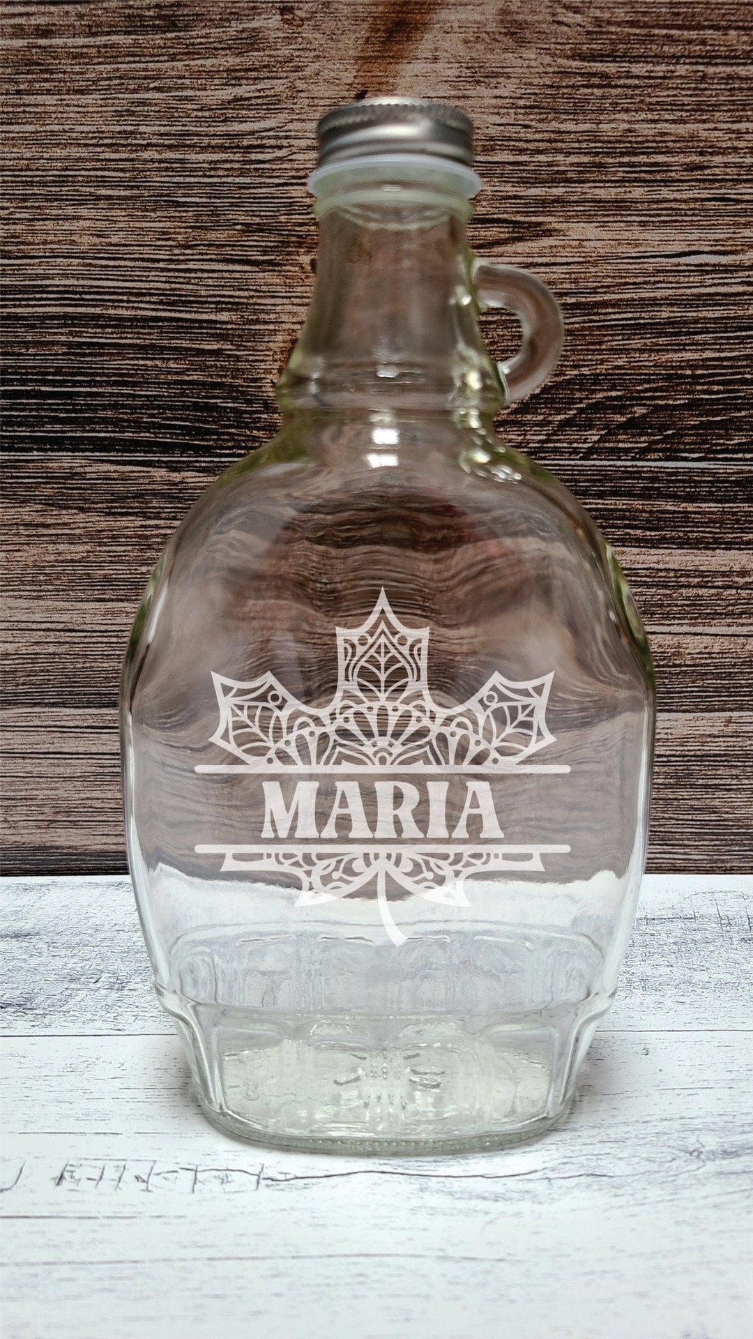 Syrup Bottle - Custom engraved 12oz glass syrup bottles with cap. Leaf / Silver