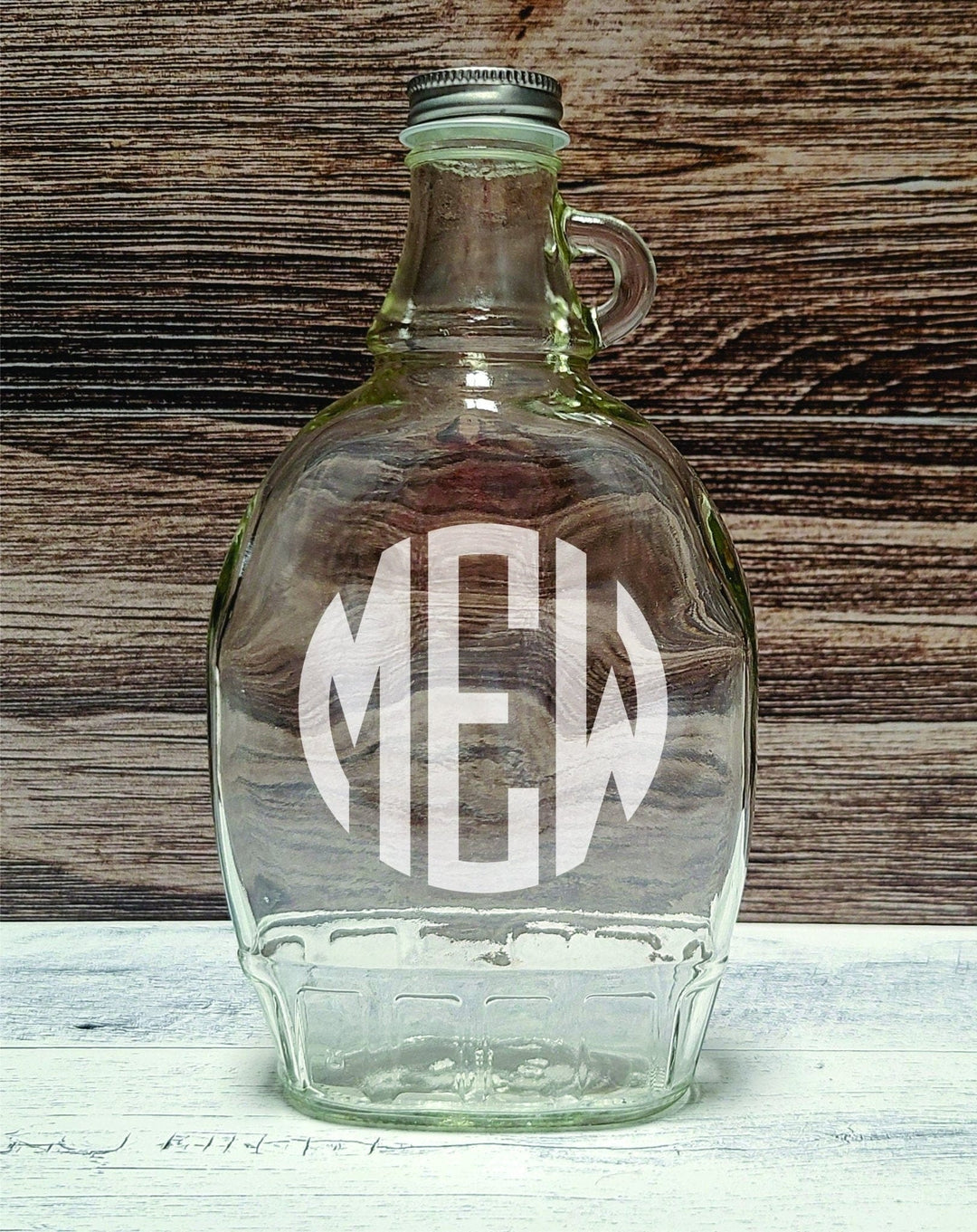 Syrup Bottle - Custom engraved 12oz glass syrup bottles with cap. Monogram / Silver