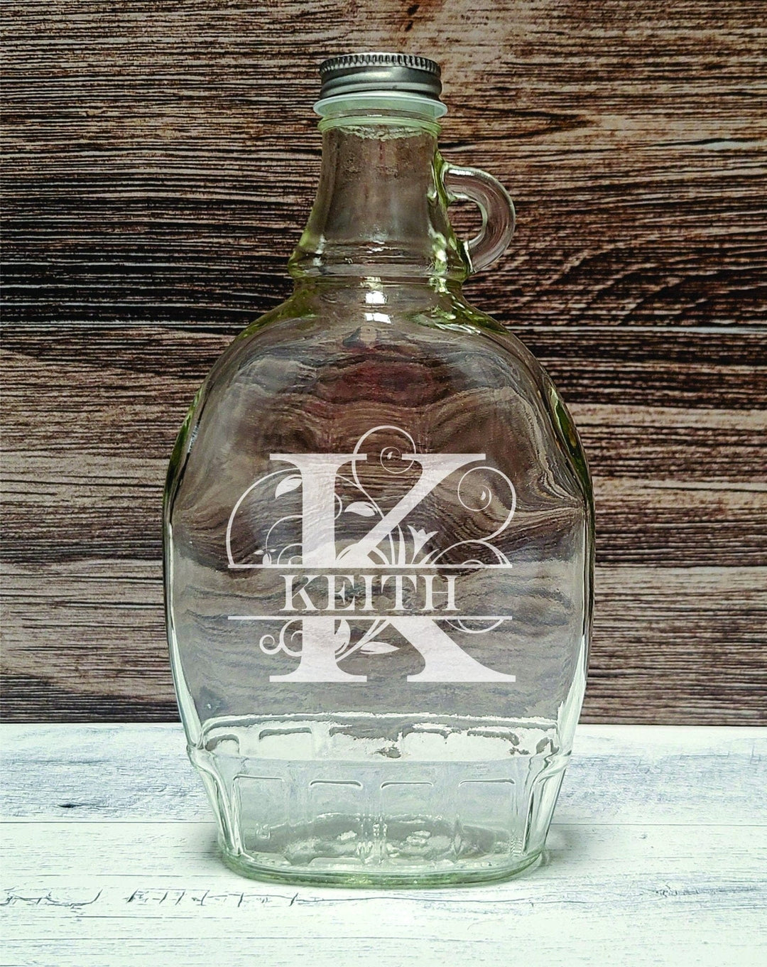 Syrup Bottle - Custom engraved 12oz glass syrup bottles with cap. Name / Silver
