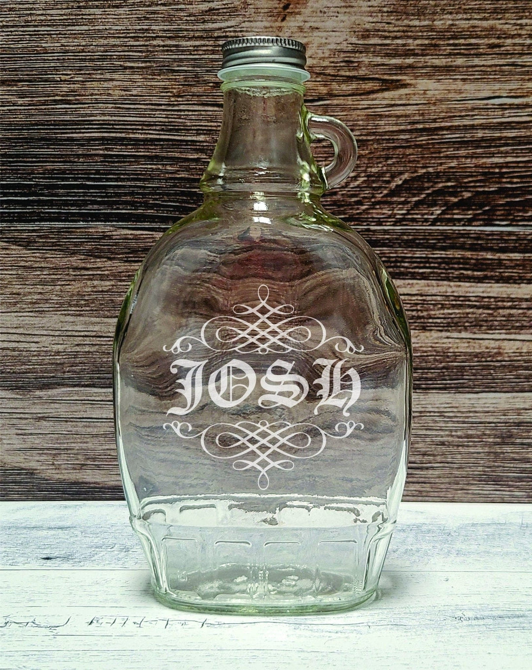 Syrup Bottle - Custom engraved 12oz glass syrup bottles with cap. Swirls / Silver