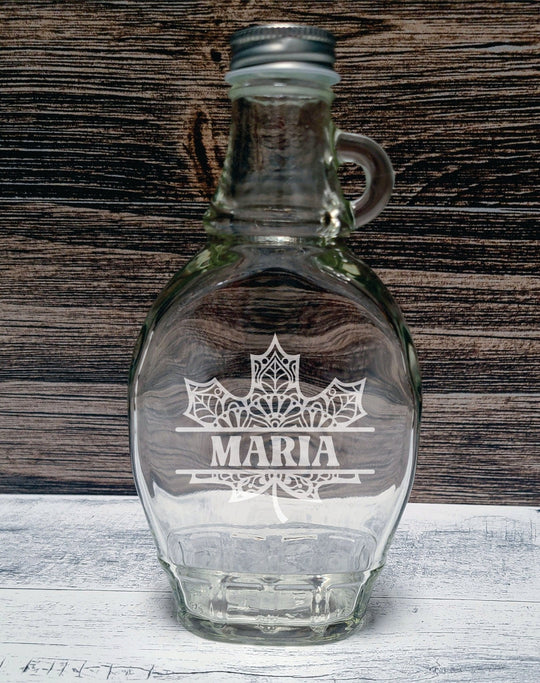 Syrup Bottle - Custom engraved 8oz glass syrup bottles with cap. Leaf / Silver
