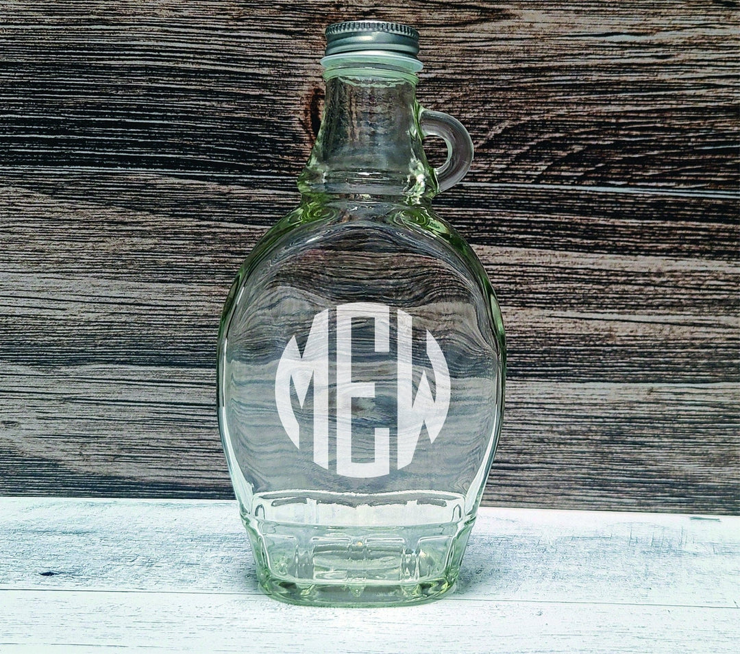 Syrup Bottle - Custom engraved 8oz glass syrup bottles with cap. Monogram / Silver