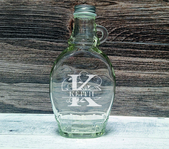 Syrup Bottle - Custom engraved 8oz glass syrup bottles with cap. Name / Silver