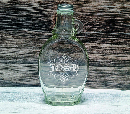 Syrup Bottle - Custom engraved 8oz glass syrup bottles with cap. Swirls / Silver