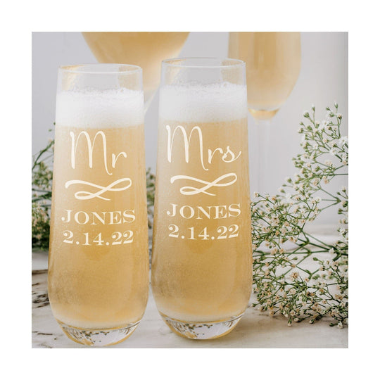 Wedding Toast Glasses - Mr and Mrs Stemless Champagne Flutes Birthday