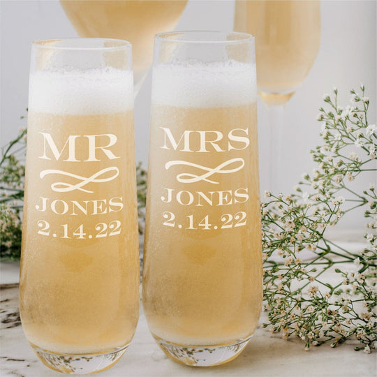Wedding Toast Glasses - Mr and Mrs Stemless Champagne Flutes MT